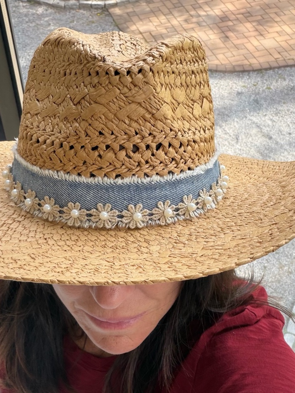 Straw Sun Hat with Denim & Daisy Trim